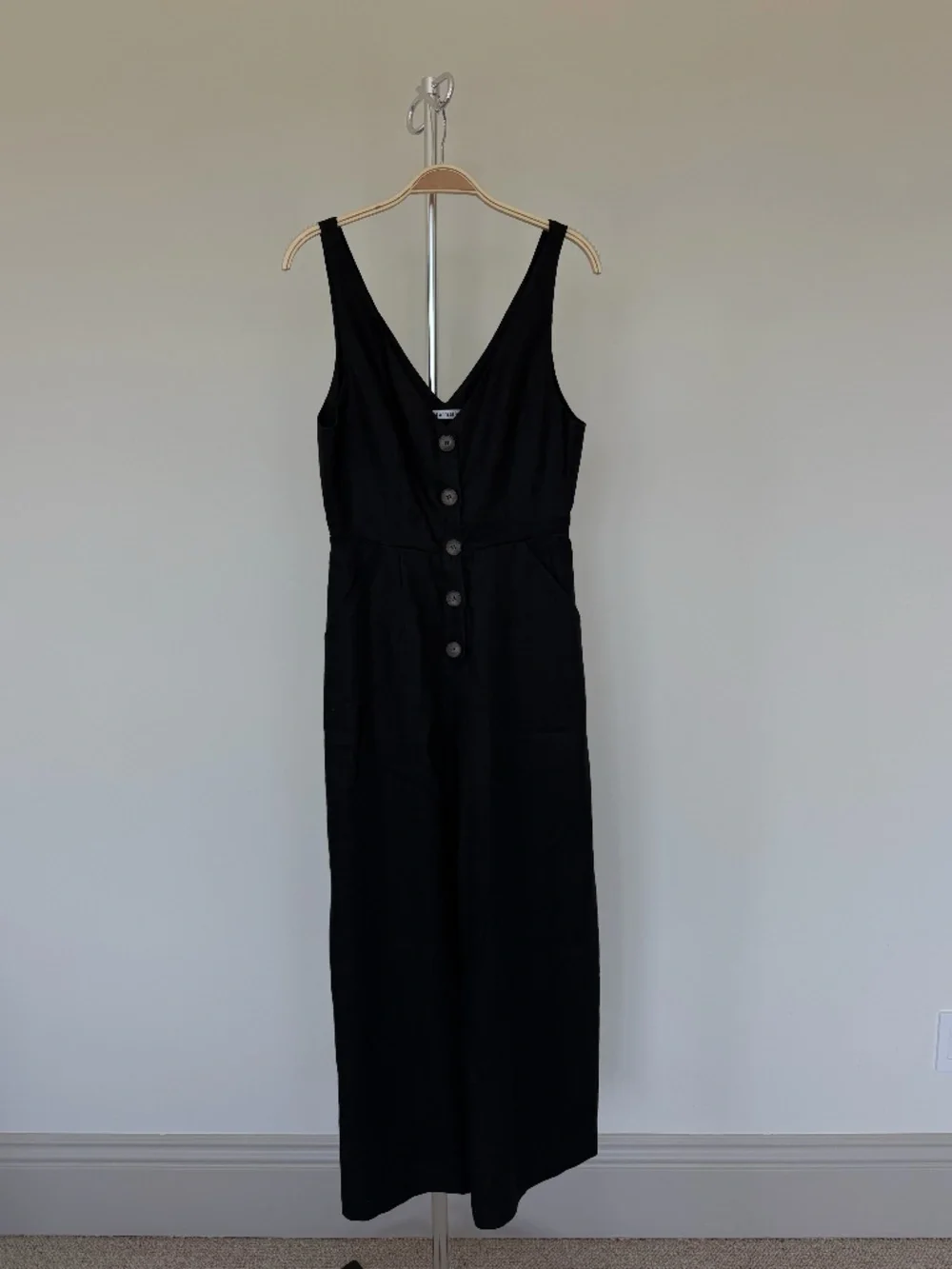 Reformation  Black Linen Blend Button Wide Leg Jumpsuit with Pockets